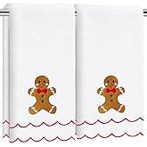 JarThenaAMCS 2Pcs Christmas Gingerbread Scalloped Hand Towels Gingerbread Man Embroidered Cotton Bath Towel Decorative Dish Towels for Xmas Winter Home Kitchen Bathroom Decor Gift