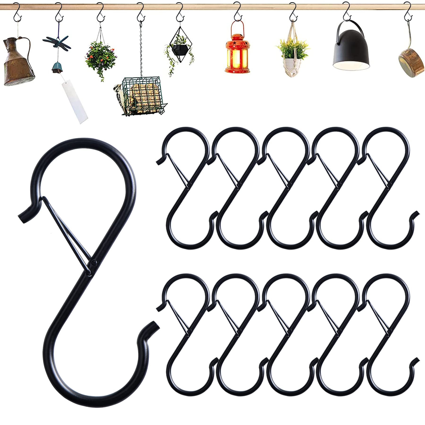 Swatowot® 10 Pack Safety Buckle Design S Hooks 9 cm S Hooks Hanging S Shaped Hooks Utensil and Closet Rod Black S Hooks Hanging Plants Pots and Pans, 10 PACK-Large-Black