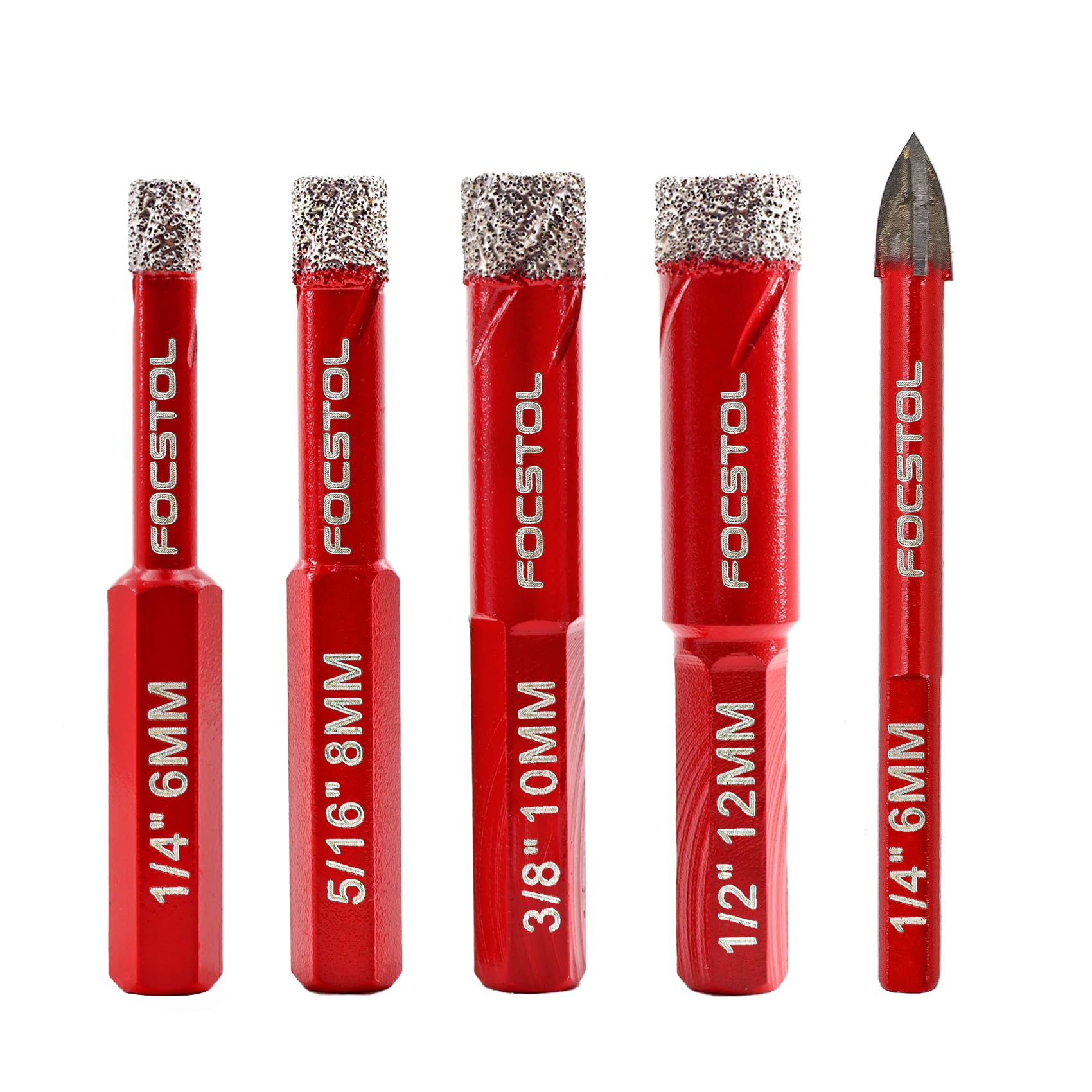 Dry Diamond Drill Bit Set - FOCSTOL 5pcs 6/8/10/12mm Diamond Hole Saw with Hex Shank+6mm Carbide Drill with Triangle Shank for Porcelain Tile Ceramic Granite Marble — image 1