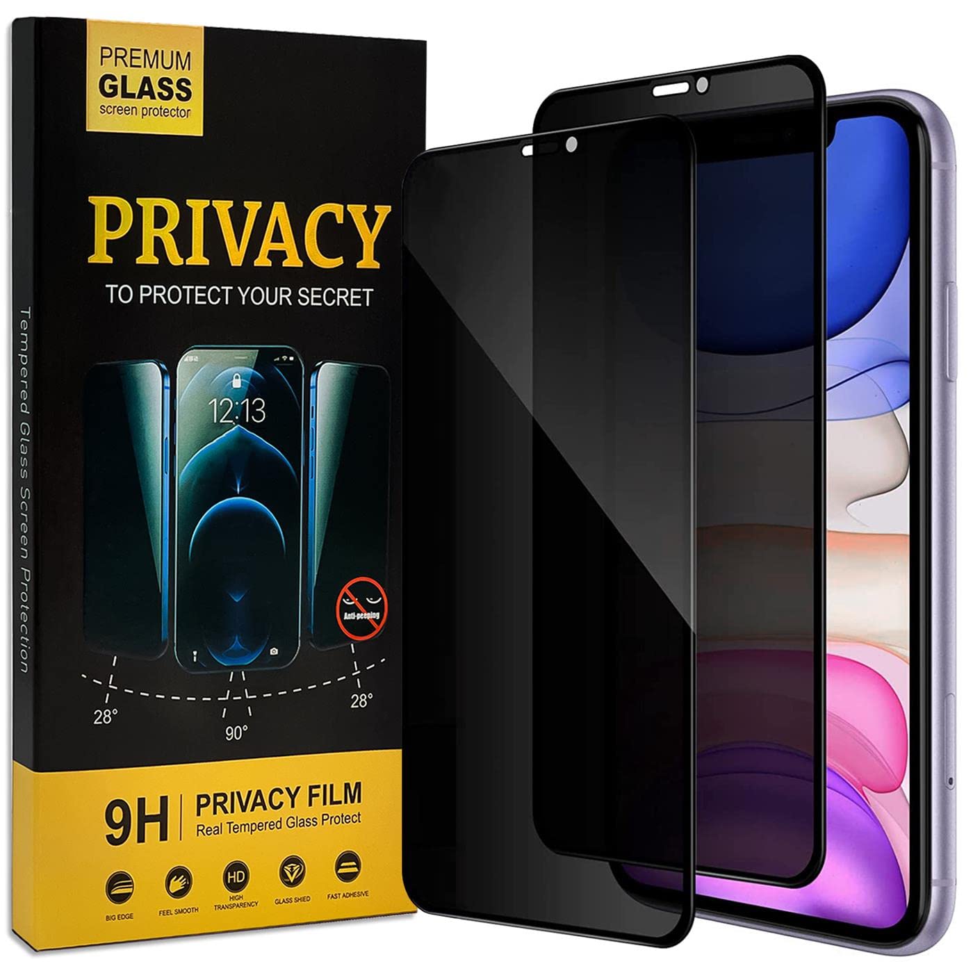 Verco Full Screen Privacy Glass for iPhone 11 Armored Protection Glass Film Anti-Spy Screen Protector, 2 Pack