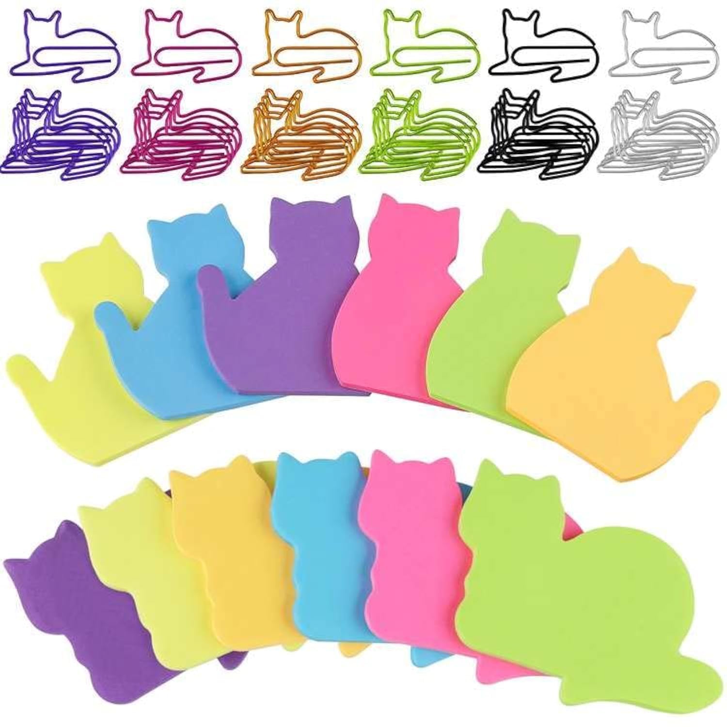 FYSL 12 Pack Sticky Notes (360 Sheets) with 30 Cat Paper Clips - Cute Animal Shaped Self-Stick Memo Pads, Fun Party Bag Fillers for Kids, School & Office Supplies, 70x60mm, 6 Color