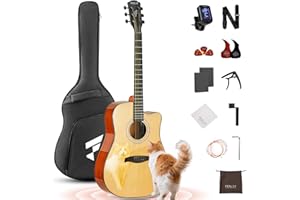Fesley X Acoustic Guitar Kit, 41 Inch Full Size 6 String Cutaway Guitarra Acústica for Beginner Adults with Tuner, Gig Bag, Strap, Steel Strings, Capo, Pickguard, Picks, FD60C, Natural