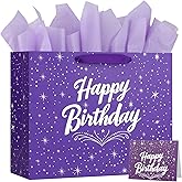 13" Purple Happy Birthday Gift Bag with Tissue Paper and Greeting Card for Party,Happy Birthday Gift Bag for Men Women,Gift Bags Medium size