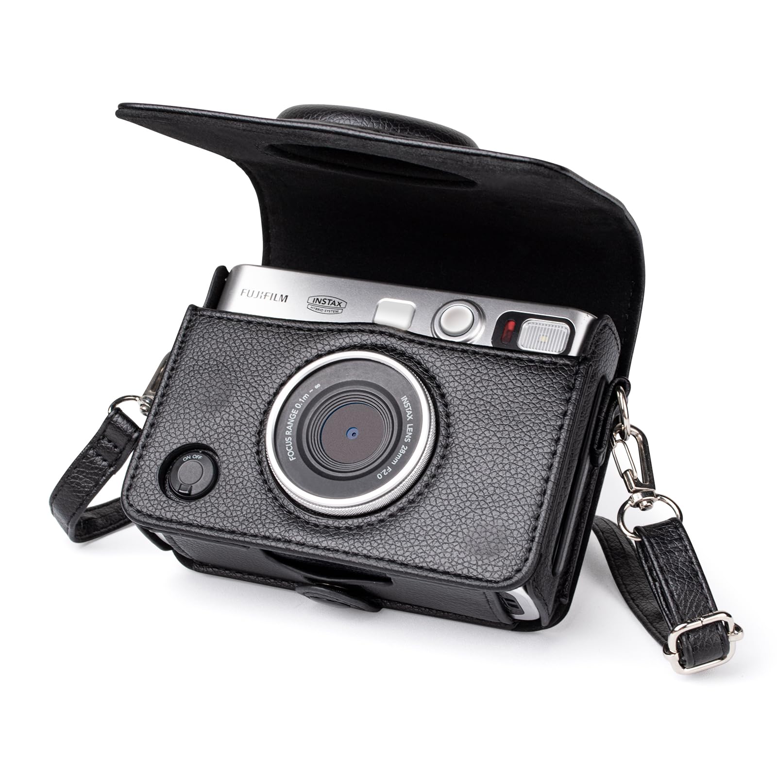 MUZIRI KINOKOO Mini EVO Protective Camera Case, PU Leather Case Compatible for Fuji Instax Mini EVO Instant Camera with Adjustable Shoulder Strap - Lychee Texture Horizontal Style Case in Black