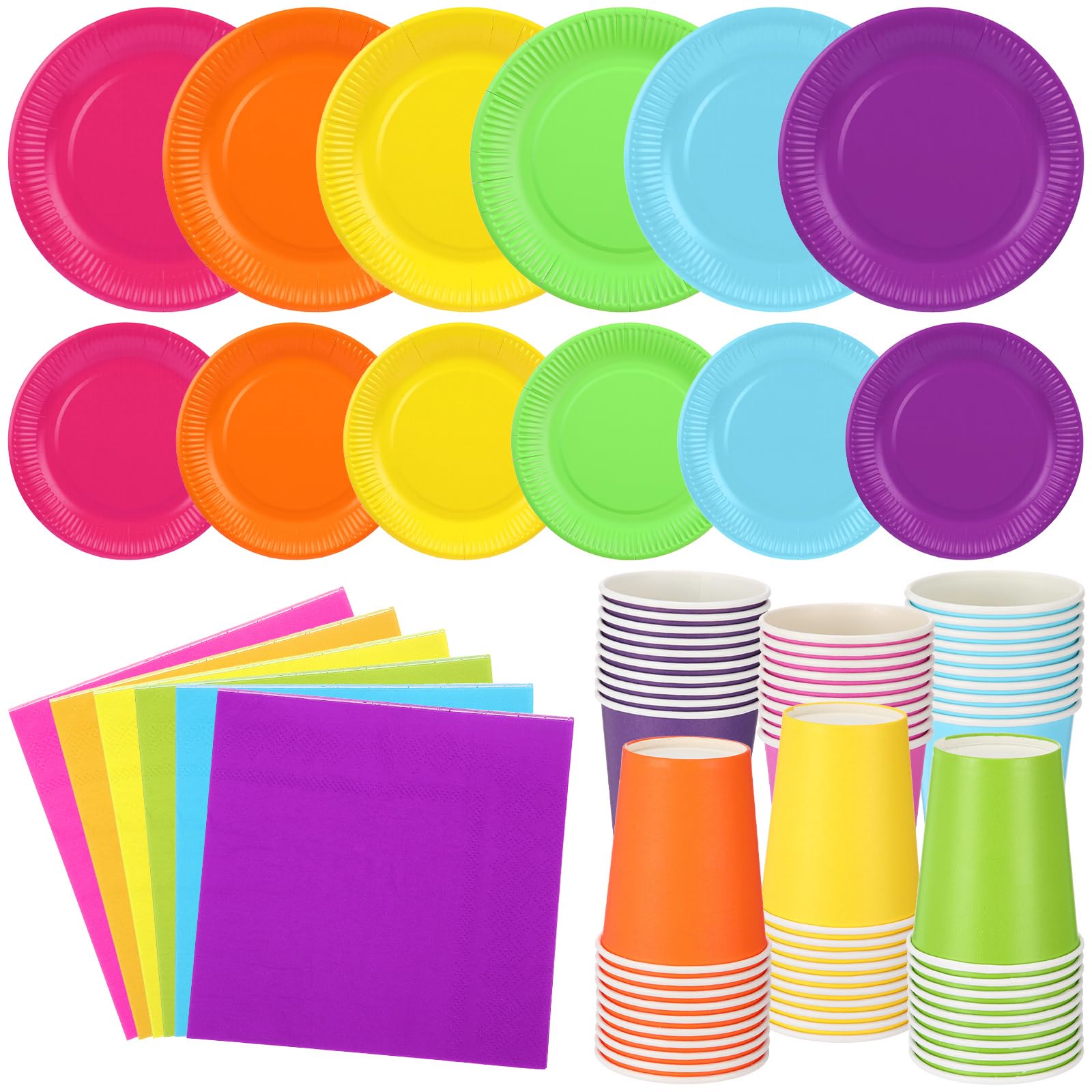Photo 1 of Geosar 240 Pieces Rainbow Party Tableware 60 Set Colorful Paper Plates and Napkins 9oz Paper Cups Complete Pack Disposable Dinnerware Set for Rainbow Birthday Party Decorations Supplies (Rich Color)