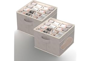 artgeeker Shoe Organizer for Closet- Fits 16-32 Pairs, Large Foldable Shoe Storage with Clear Cover, Beige Adjustable Dividers Shoe Containers with Mesh Pockets and Pull Handles (Beige-2pack)