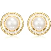 Mierfyni Large Pearl Earrings for Women, Faux Pearl Statement Stud Earrings | Gold Rim Button Design, Vintage Style, 23mm, 14K Gold-Plated Brass, Shell Accent, for Weddings, Parties and Dressy Looks