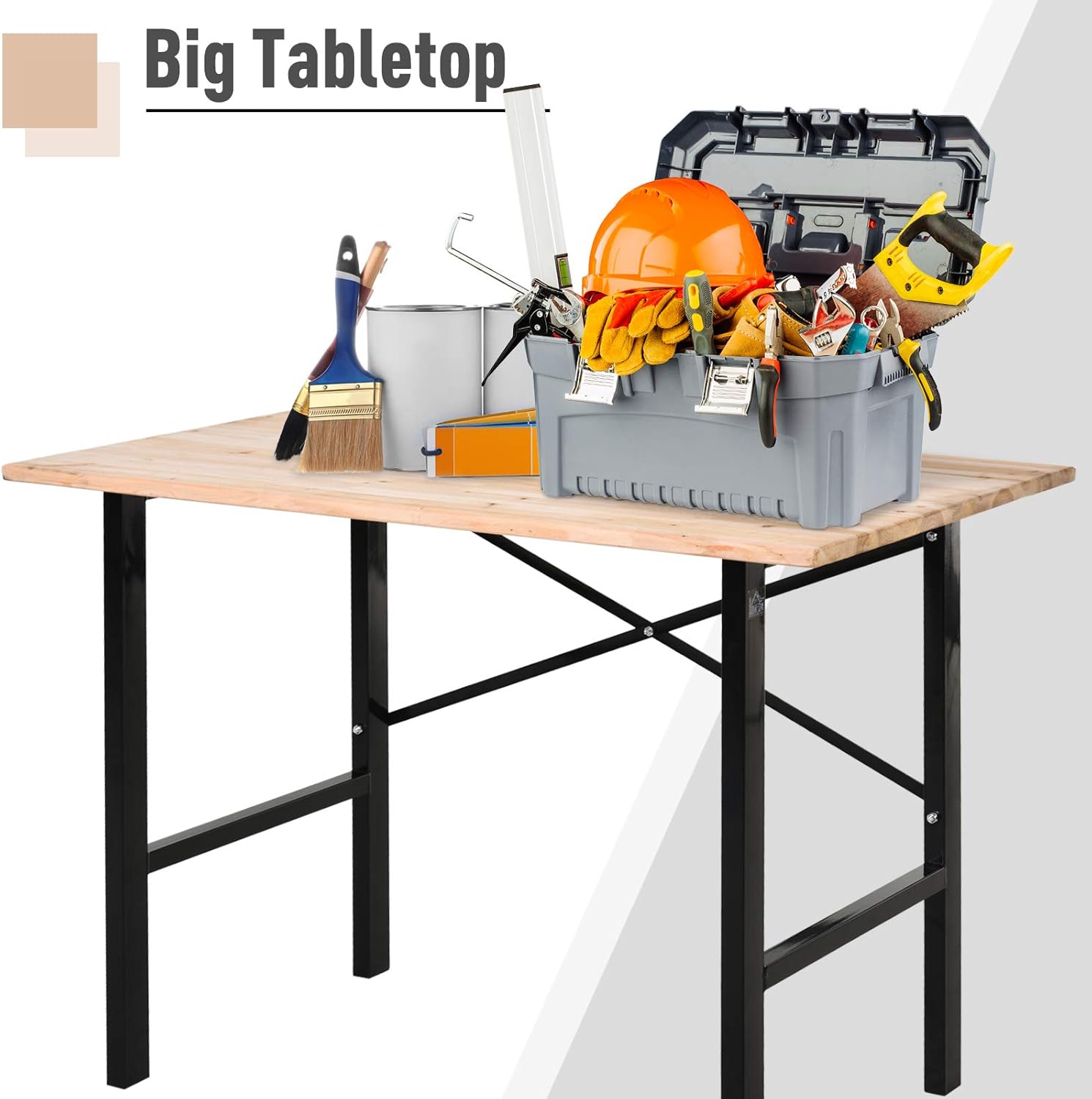HOMCOM 46"L x 28"W Fir Wood Work Table with X-Shape Bracket for High Stability, and Large Tabletop, Natural/Black - - 