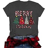 Christmas Shirts for Women Cute Xmas Tree Merry Graphic Tees Vintage Short Sleeve T-Shirt Casual Holiday Tops