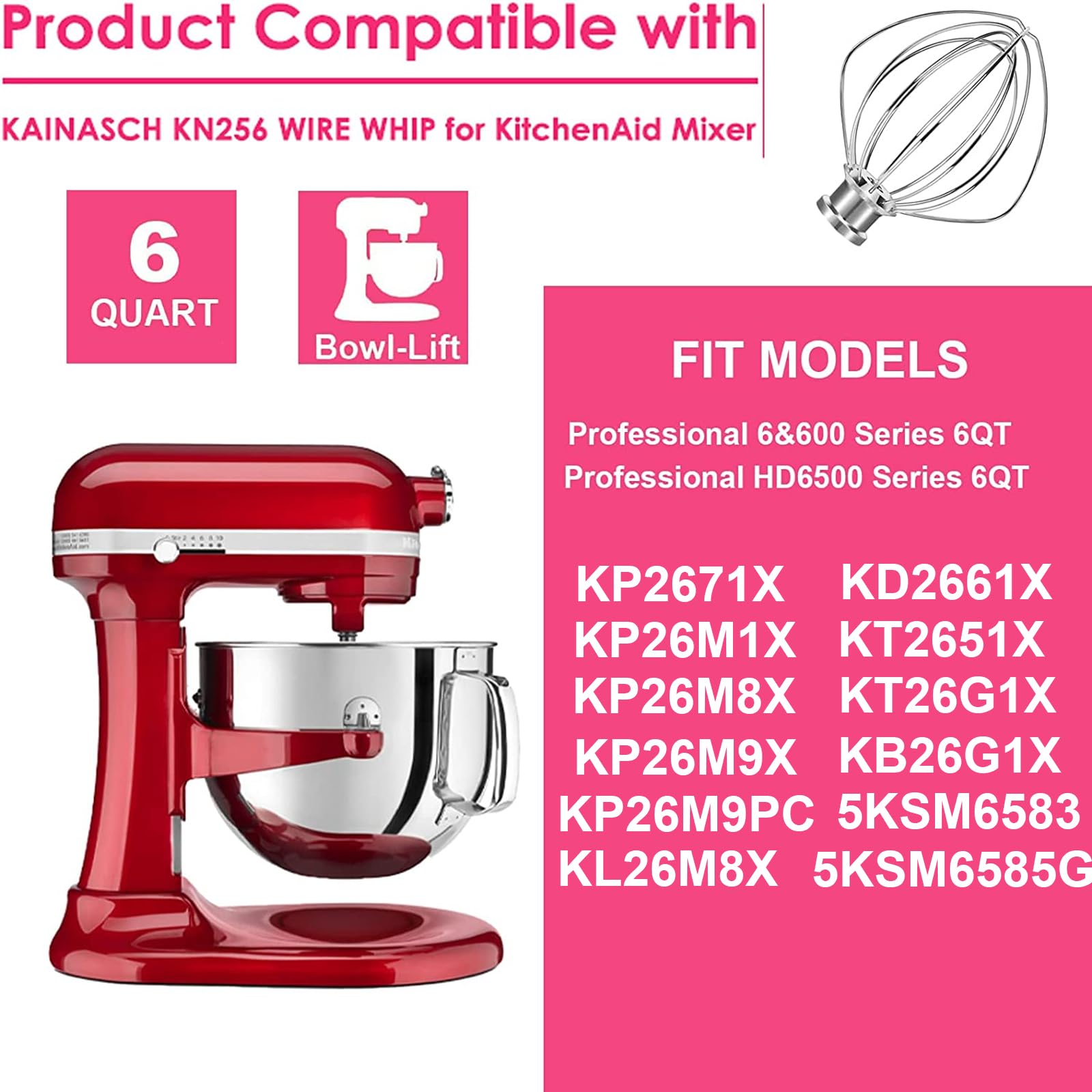 KN256WW Stainless Steel Whisk Attachment for KitchenAid 6 Quart Bowl-Lift Stand Mixer 6-Wire Whip Attachment for Kitchen Aid Accessories
