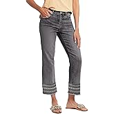 Flamingals Straight Leg Jeans for Women Low Rise Cropped Jeans Wash Embroidery Raw Hem Denim Pants Gray XL