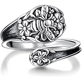 zaxsj Sterling Silver Spoon Ring for Women Bee Cross Vintage Adjustable Bees Flower Spoon Rings for Thumb Rings Jewelry Gifts for Mom Grandma (Bee)