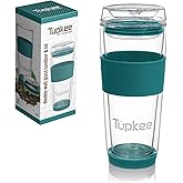 Tupkee Double Wall Glass Tumbler - 14-Ounce, All Glass Reusable Insulated Tea/Coffee Mug & Lid, Hand Blown Travel Mug - Cyan