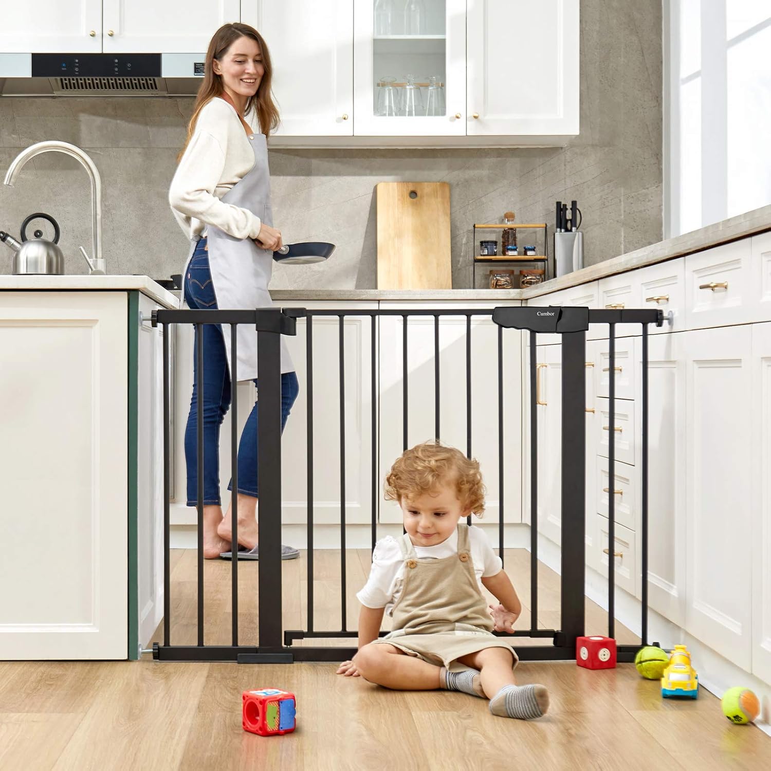 Cumbor 46”Auto Close Safety Baby Gate, Extra Tall and Wide Child Gate, Easy Walk Thru Durability Dog Gate for The House, Stairs, Doorways. Includes 4 Wall Cups, 2.75-Inch and 8.25-Inch Extension : Baby