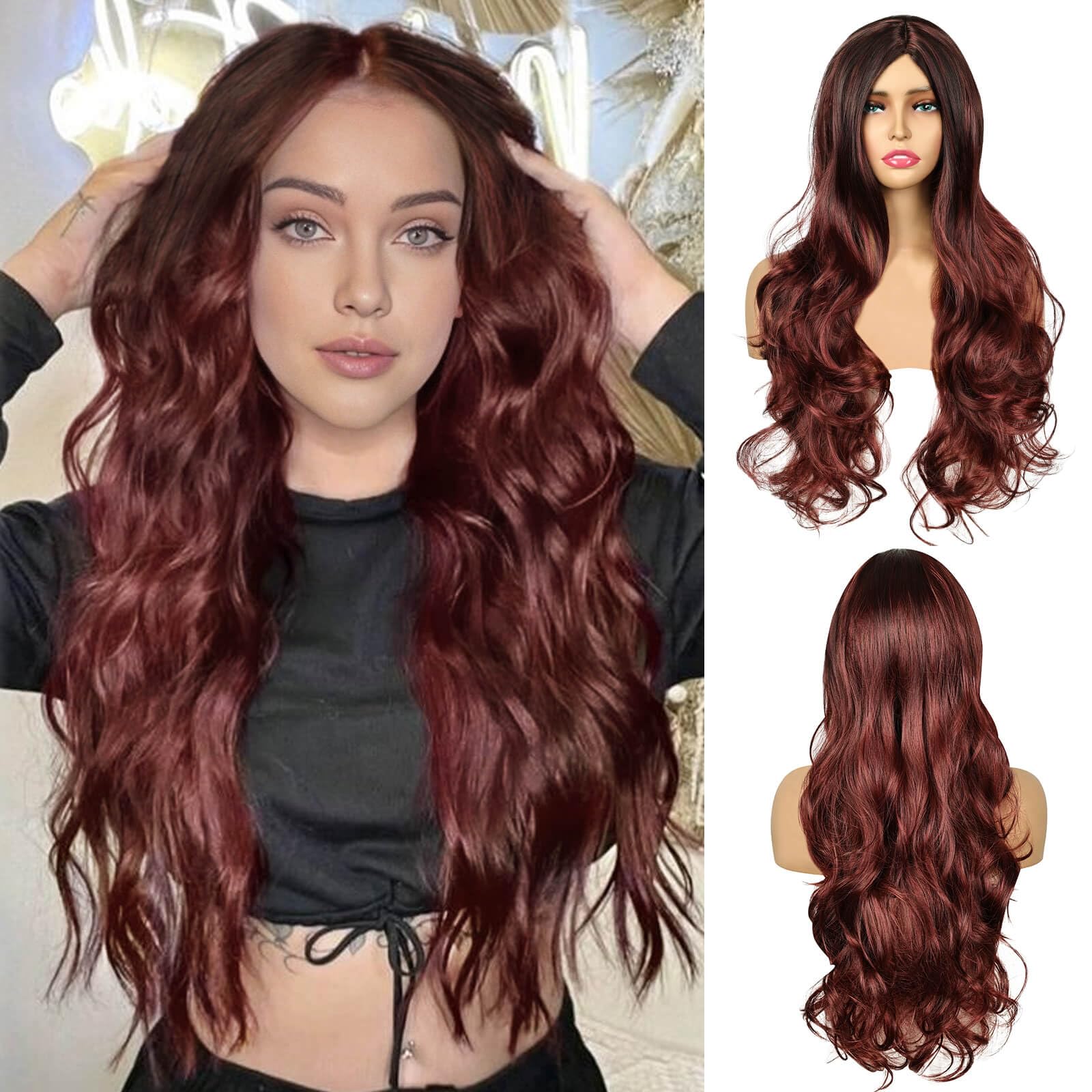 QUEENTAS Long Red Wig Cosplay Wig Curly Ombre Long Hair Wigs for Women Synthetic Hair Middle Part Wigs for Women Cosplay (Wine Red Mixed Black)