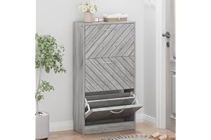 FUNISIR Slim Shoe Cabinet with 3 Flip Drawers, Entryway Organizer, Wooden Narrow Shoe Rack with Removable Shelf, Diagonal Louver Door, Grey