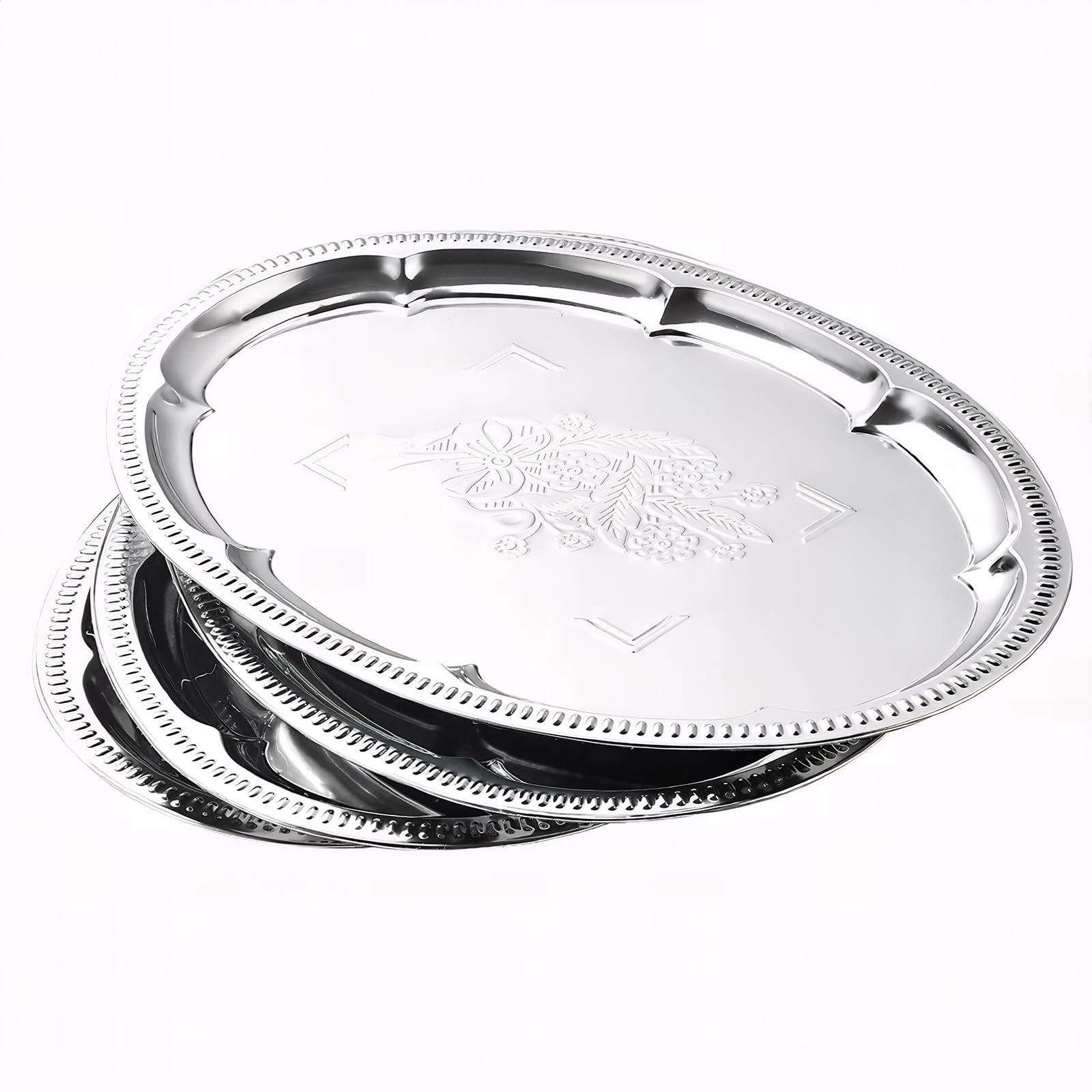 Photo 1 of 4-Pack 15.7" x 11.8" Large Silver Serving Trays for Party Set - Oval Floral Engraved Serving Platters, Wedding Birthday Mirror Tray for Christmas, Food, Appetizer, Charcuterie, Cookies, Desserts