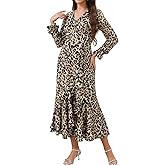 DERAX Womens Leopard Print Maxi Dress Long Sleeve V Neck Ruffle Asymmetrical Hem 2026 Spring Long Dresses