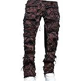ESDVQ Men's Ripped Jeans Printed Jeans Black Skull Embroidered Slim Jeans Straight Leg Slim Stacked Jeans
