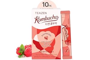 TEAZEN Raspberry Kombucha Tea, Sugar Free, Sparkling Fermented Powdered Mix Beverage from Korea, Live Probiotics & Prebiotics, 10 Sticks, 1.76oz (Raspberry)