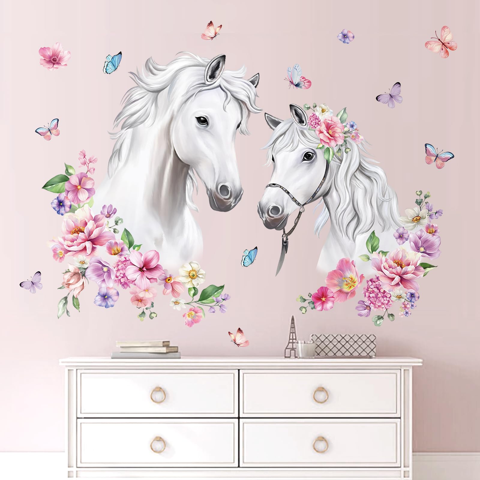 decalmile White Horse Flower Wall Decals Farm Animal Floral Butterfly Wall Stickers Baby Nursery Bedroom Living Room Wall Decor