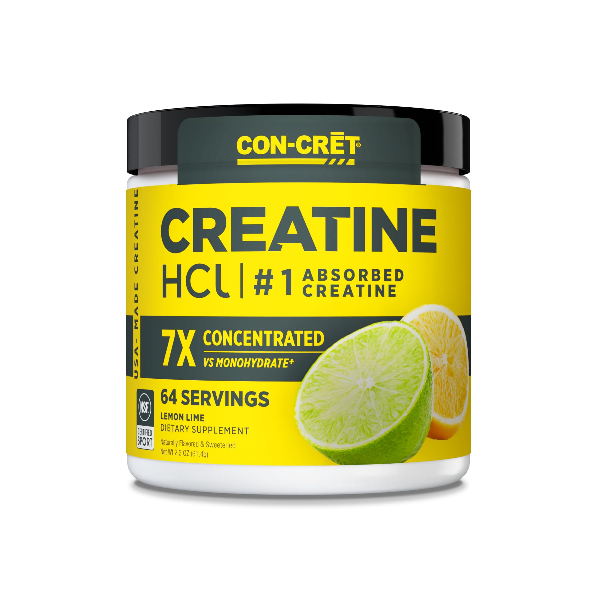 CON-CRET Creatine HCl Powder | Muscle, Cognitive, Cellular Energy Support | No Bloating or Cramps | USA Made & NSF Certified | Lemon Lime (64 Serving)