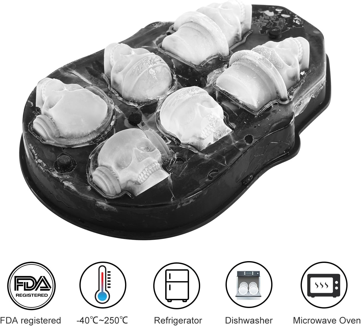 Fitfirst Molde de Cubo de Hielo 3D Calavera Cráneo Set de 6 Bandejas de Silicona con Embudo Pequeño para Whisky, Scotch, Chocolate