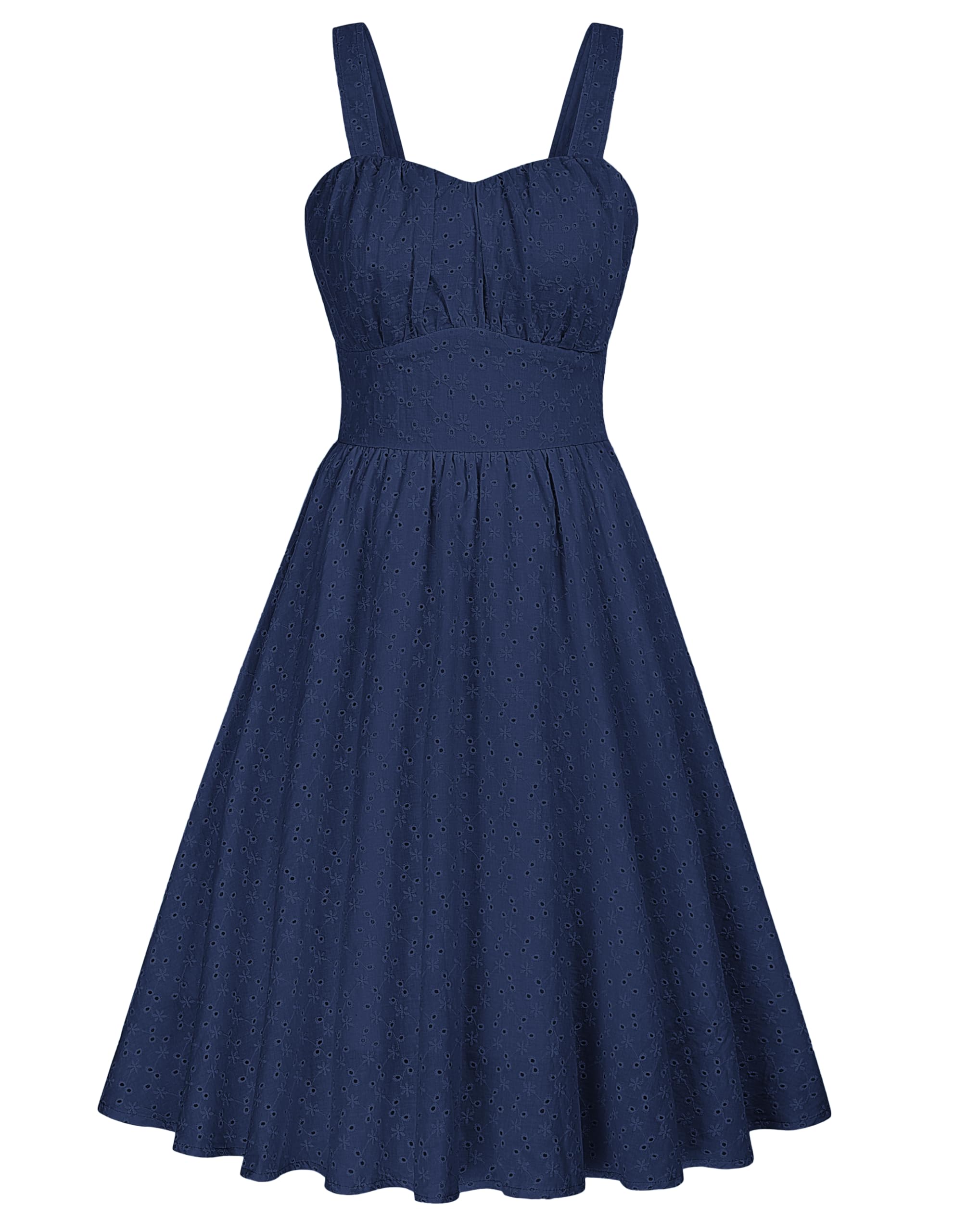 Photo 1 of *****Broken******* Belle Poque Women's Vintage Sleeveless Solid Ruched Cotton Embroidery A-Line Flowy Swing Midi Dress Navy Blue Small
