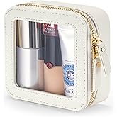 Mini Makeup Bag for Purse | Clear Travel Leather Toiletry Bag with Zipper | Car Organizer Bag | Small Waterproof Cosmetic Organizer Case for On-the-Go Essentials(White)