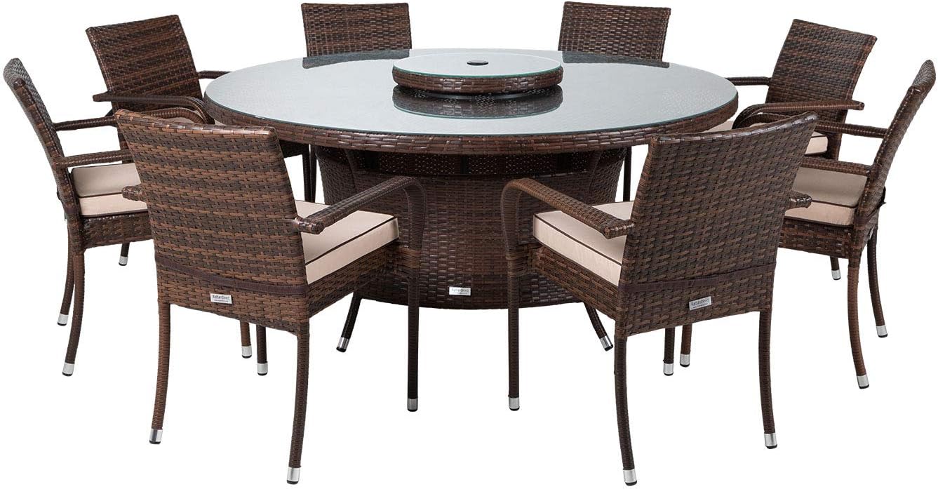 Rattan Outdoor Furniture Indoor Conservatory Roma 8 Seater Dining Set Large Round Table including Lazy Susan in Brown