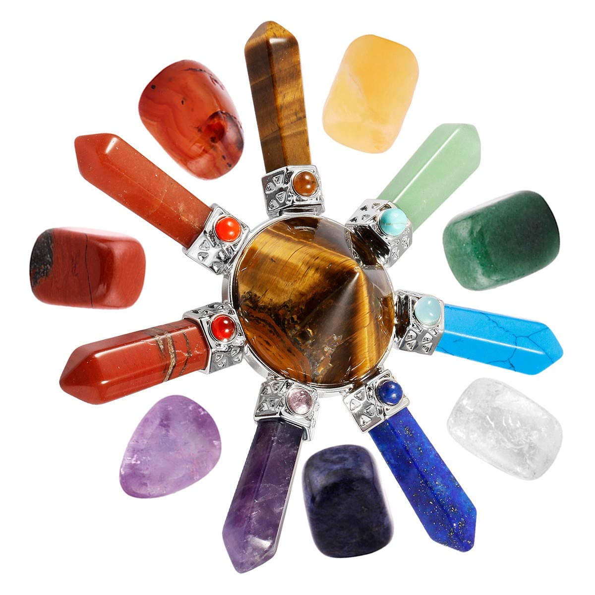 mookaitedecor 7 Chakra Crystals Set,Healing Crystal Polished Tumbled Worry Stones & Tiger's Eye Cone Energy for Reiki Balancing Meditation Kit