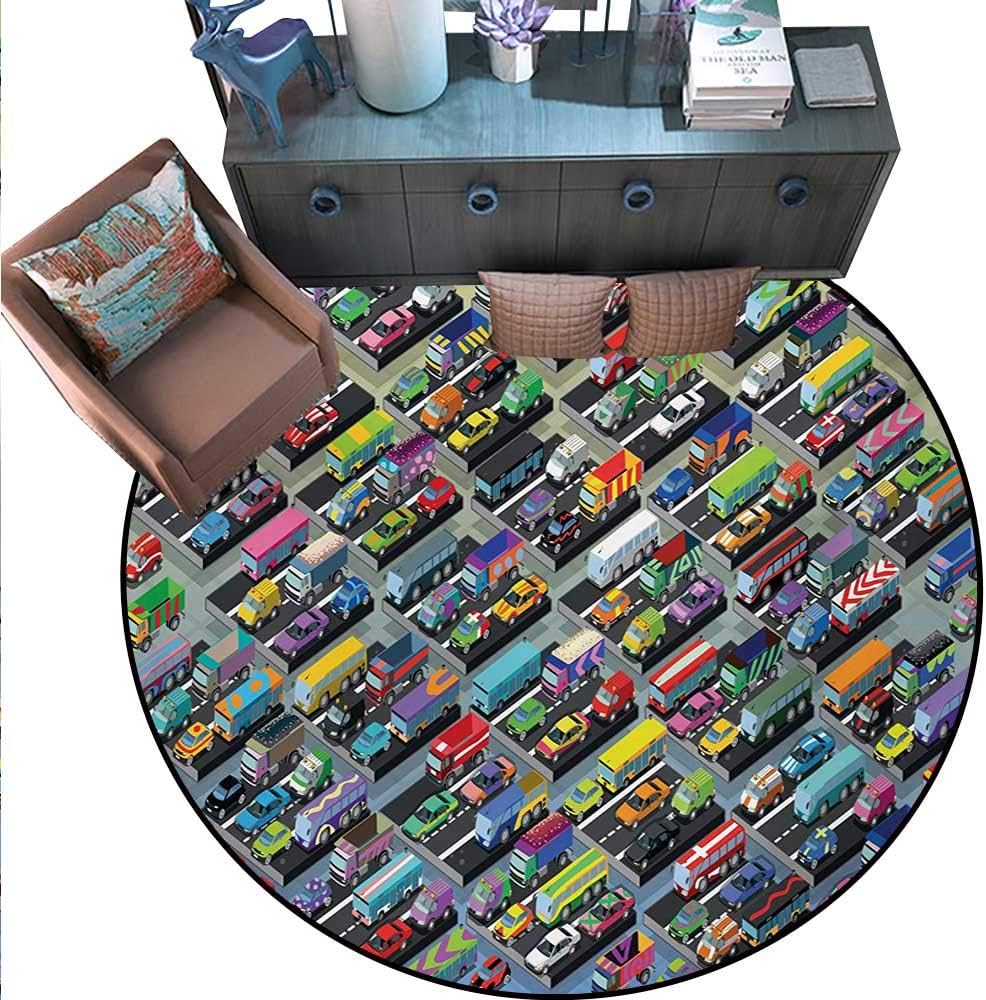 Cars Round Area Rug Carpet Detailed Collection Various Vehicles Parked