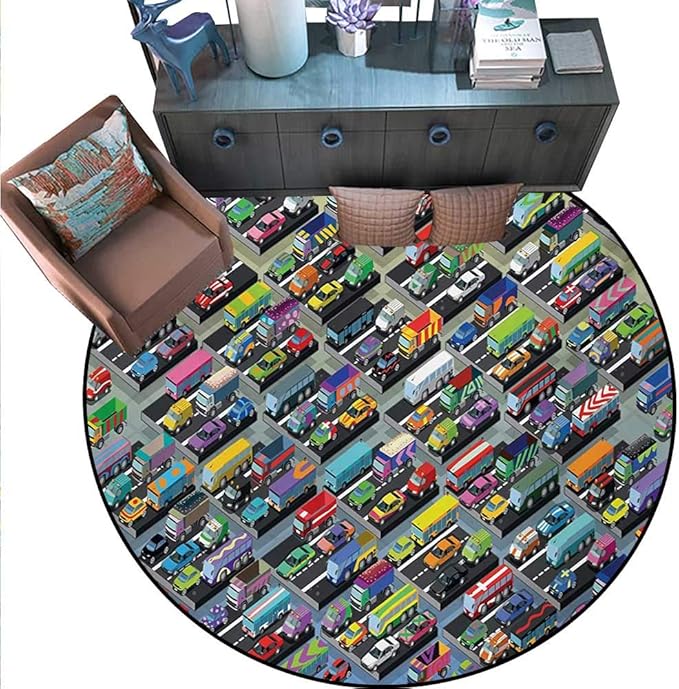 Cars Round Area Rug Carpet Detailed Collection Various Vehicles Parked