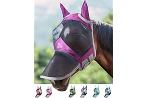 Harrison Howard CareMaster Pro Luminous Horse Fly Mask Large Eye Space Long Nose with Ears UV Protection for Horse Dark Magenta M Cob