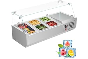CINTVA Refrigerated Condiment Prep Station, 40 inch Sandwich Prep Table 304 Stainless Steel Body, Salad Bar Prep Tempered Glass Shield with 1 1/3 Pan, 4 1/6 Pans