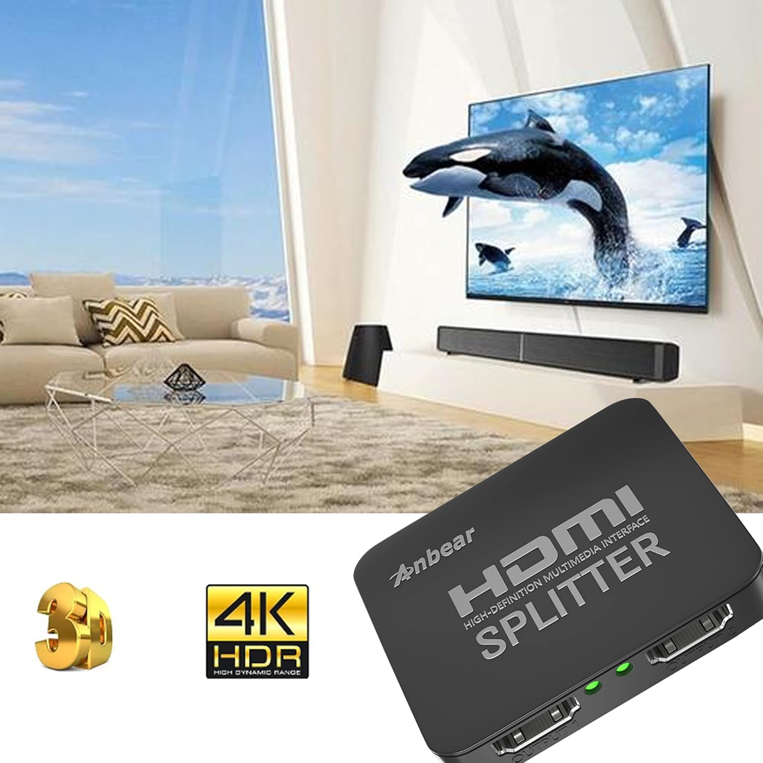 HDMI Splitter 1 in 2 Out 4K, Anbear HDMI Expand for Dual Monitors 1x2 HDMI Expand 1 to 2 Amplifier for Full HD 1080P 3D with High Speed HDMI Cable: Electronics