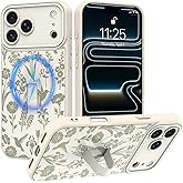 PIGLULOO Case for iPhone 17 Pro Max with Finger Strap Kickstand, Compatible with Magsafe, Cute Bird Flower Pattern for Women Girls, Aesthetic Floral Design Full Camera Protection Shockproof, White