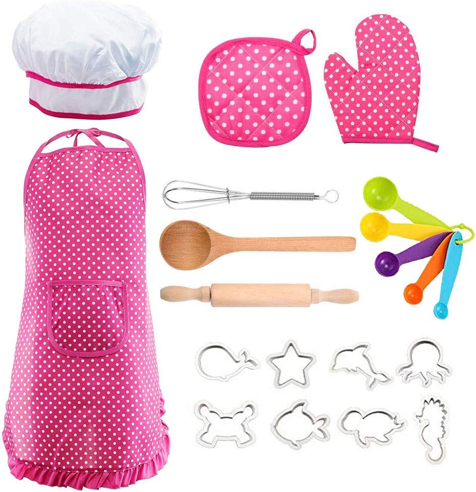 MOONBROOK Kids Chef Role Play Costume 20 PCS, Kids Cooking and Baking Set - Kids Apron, Kids Chef Hat, Cookie Cutters-Kitchen Role-Play Toy