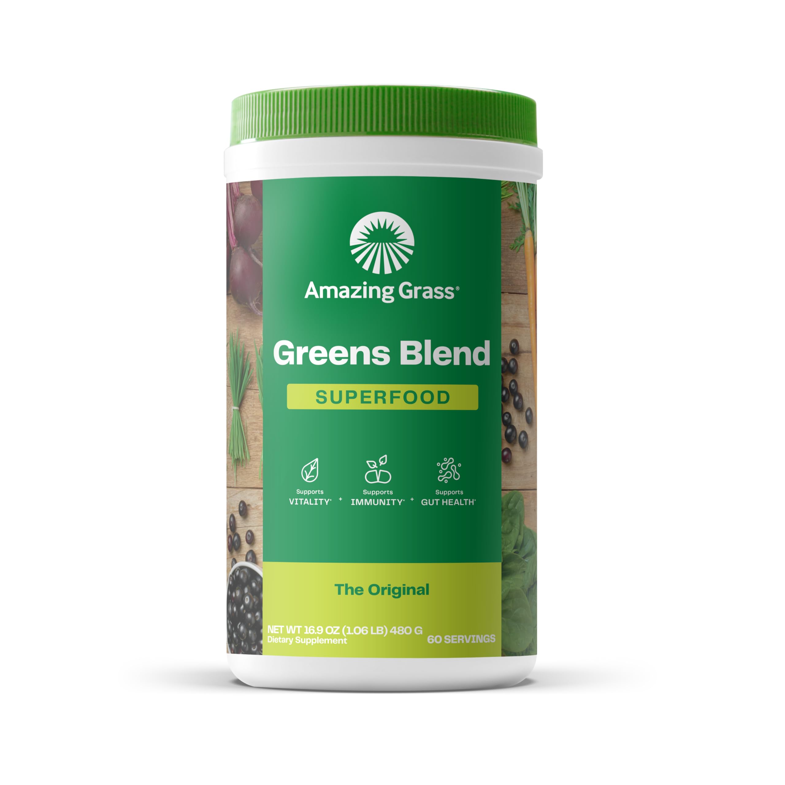 Photo 1 of Amazing  Greens Blend Superfood: Super Greens Powder with Spirulina, Chlorella, Beet Root Powder, Digestive Enzymes, Prebiotics & Probiotics, Original, 60 Servings (Packaging May Vary)
