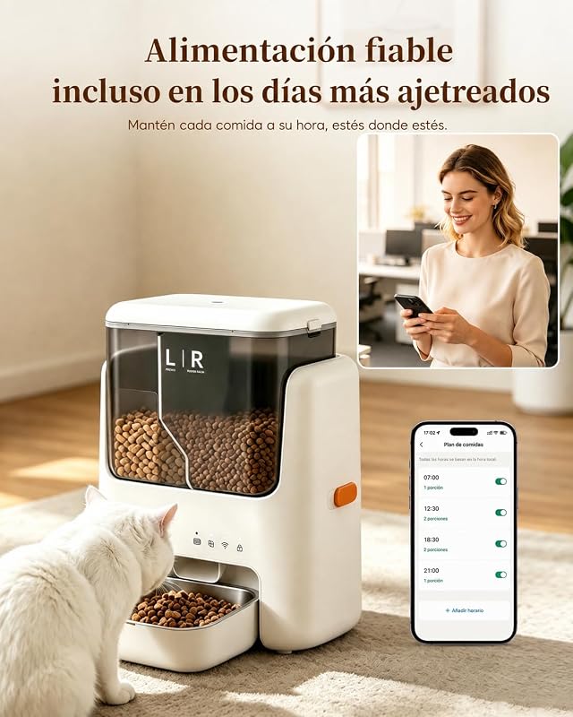 Alimentador Automático para Gatos, Comedero Inteligente para Mascotas con App, Capacidad 2L+3L, Dispensador de Pienso Seco, Temporizador, Registro y Cuenco Inoxidable
