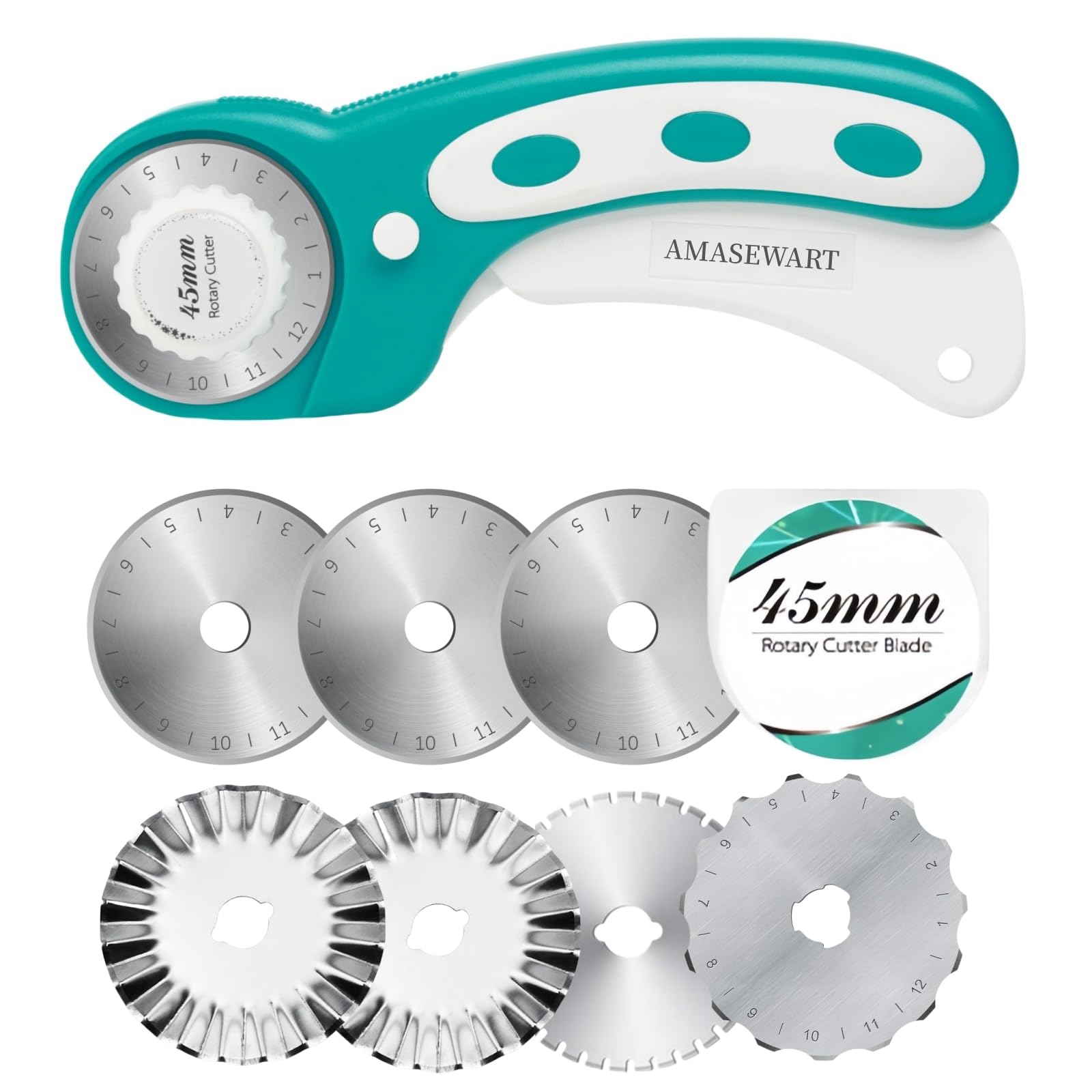 Photo 1 of 45mm Rotary Cutter for Fabric with 8pcs Rotary Blades, Rolling Fabric Cutter Crochet Edge Skip Stitch Blade Perforating Rotary Blade, Pinking Rotary Cutter for Quilting Crafts Sewing