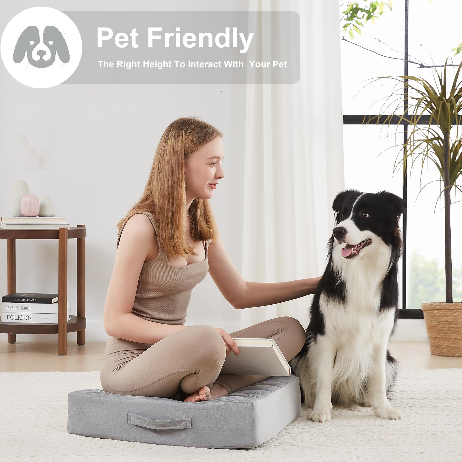 JKMAX 22 inches Floor Pillow for Adults - Large Meditation Cushion with Thick Foam & Soft Tufted Cover - Premium Outdoor Square Floor Cushion Seat - Yoga Pillows for Sitting On Floor - Light Gray - Image 4