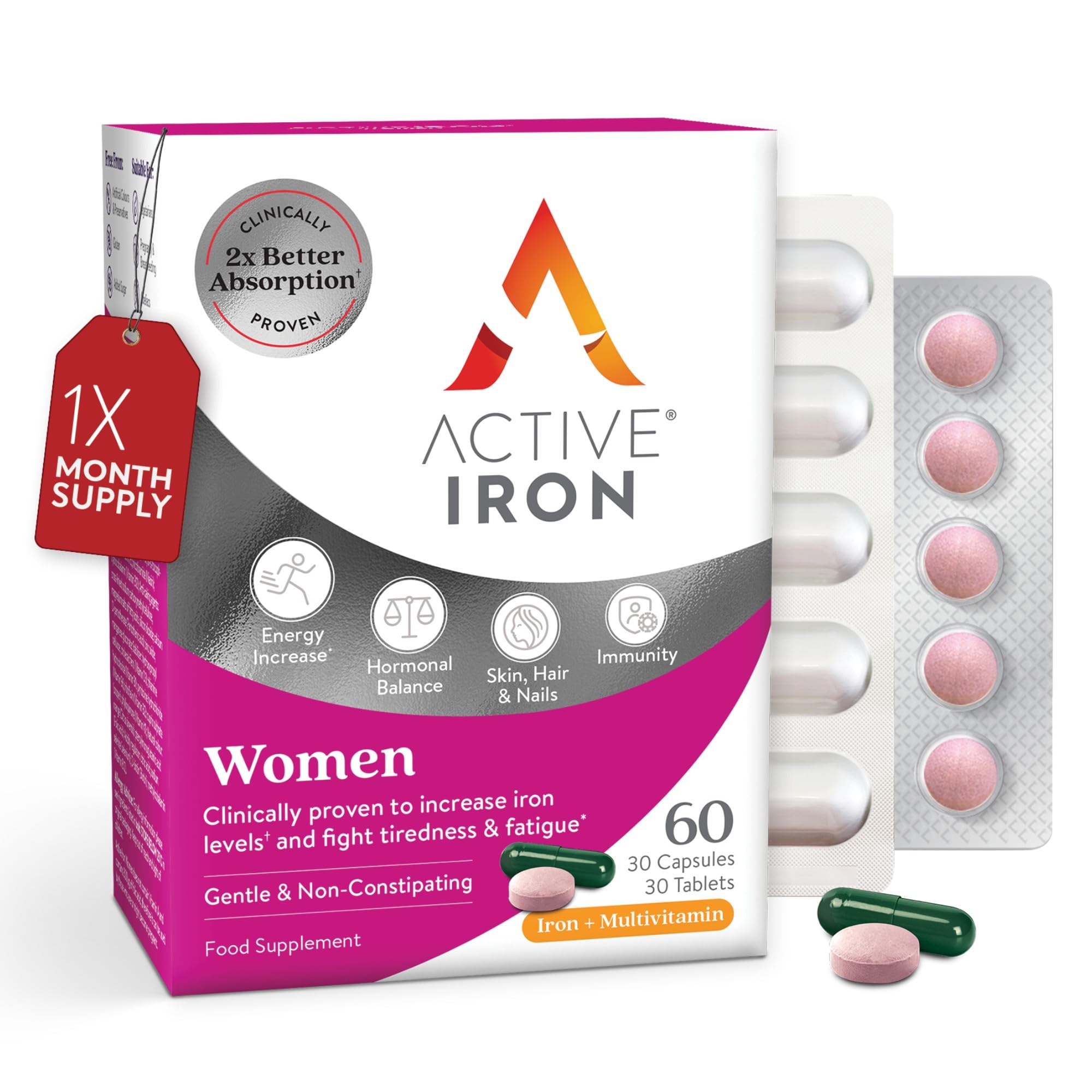 Active Iron Supplement 17 mg Multivitamin for Women - Clinically Proven to Increase Energy & Reduce Tiredness - Gentle, Non-Constipating Iron Women’s Multivitamin - 30 Capsules + 30 Tablets