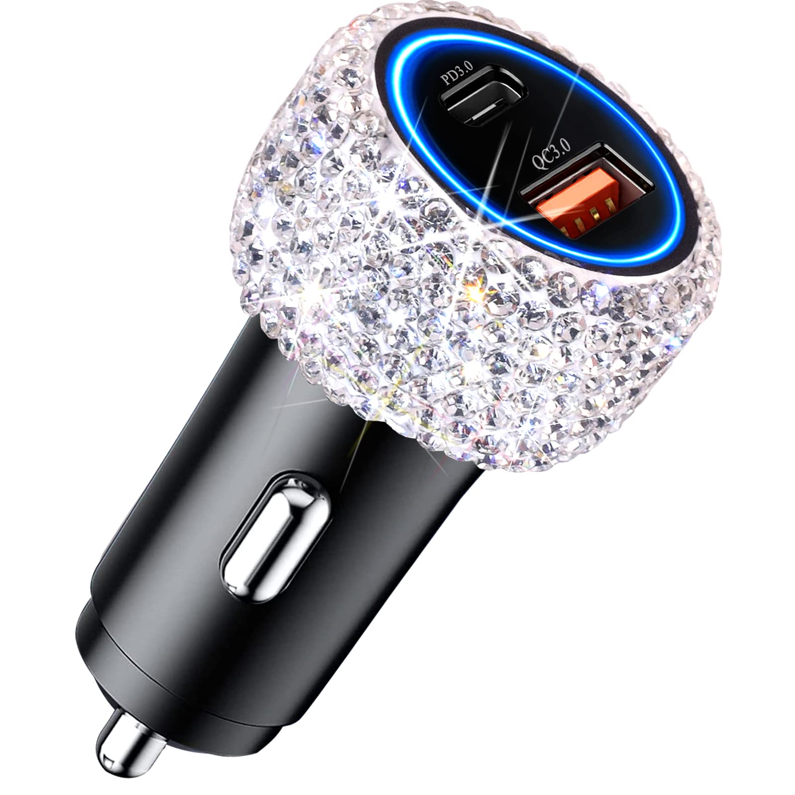 USB C Car Charger Adapter 54W Bling Diamond PD & QC 2-Port Type C Compact Car Charger Compatible for iPhone, iPad, Samsung Galaxy, LG, Google Pixel, Moto, USB-C Port