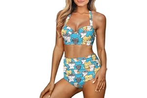 GETELINSENG Cute Cartoon Animals Print Women's Halter Bikini Set, Trendy 2 Piece Tummy Control High-Waisted Bathing Suits