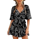 Relipop Women’s Summer Romper Floral V Neck Short Sleeve Waist Tie Ruffle Hem Vacation Outfits 2026 Casual One Piece Jumpsuit