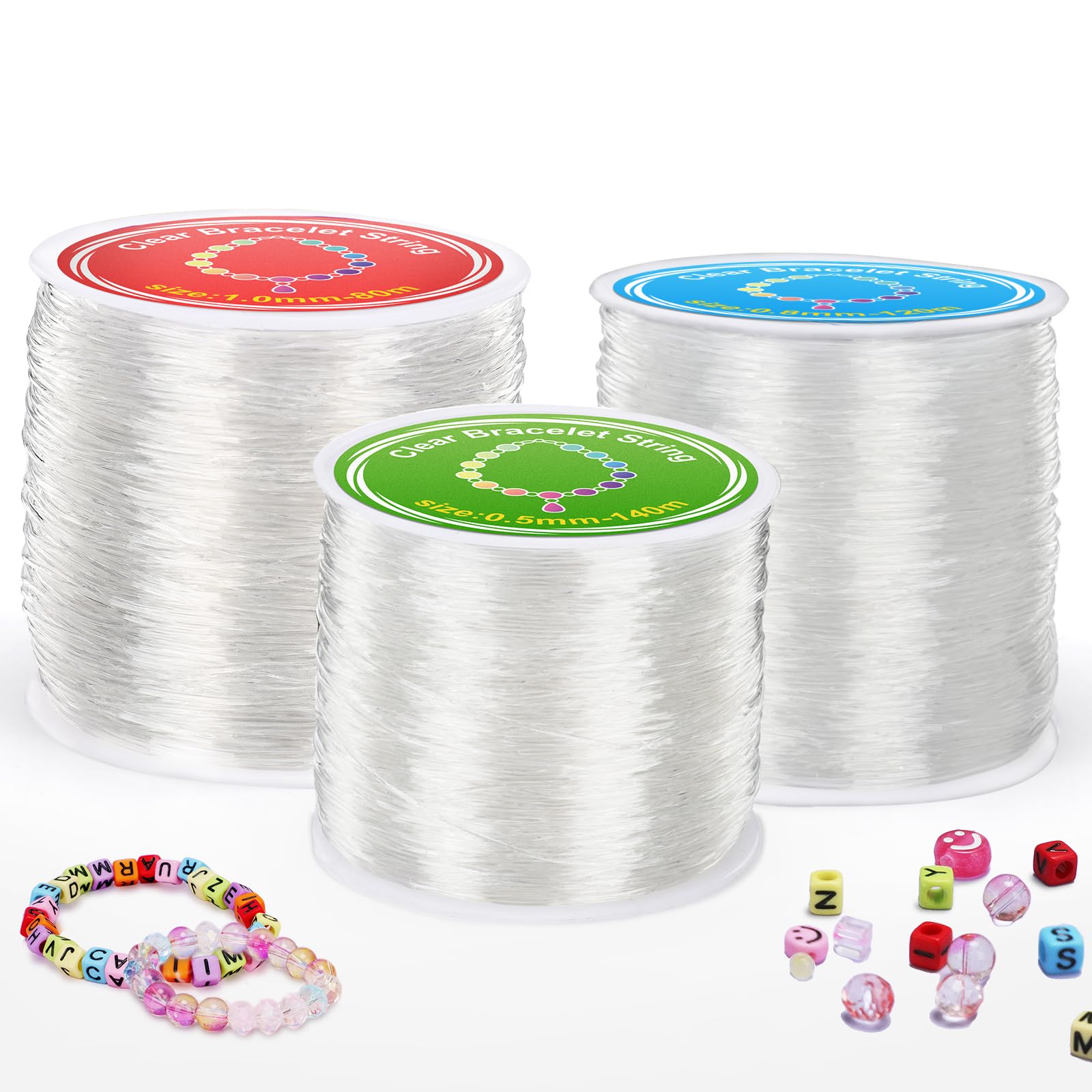 Alyvisun 3 Pcs Clear Elastic for Bracelet Making, (0.5mm, 0.8mm & 1mm) Elastic Thread for Bracelets, Bracelet Elastic String For DIY Bracelets, Necklace, Beading, Jewelry Making