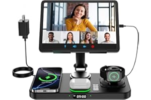 OPINTA 6 in 1 Wireless Charger for Apple Multiple Devices, Charging Station with Clock &7 Color Ambient Light, Foldable Rotate Stand for iPad, for iPhone16/15/14 Series, Support for Apple Watch10/9 AirPods4