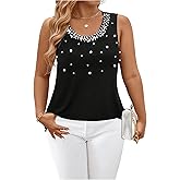 SHENHE Women's Plus Size Pearl Beaded Tank Top Crew Neck Sleeveless Dressy Going Out Elegant Shirt