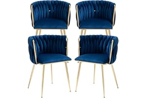 Nrizc Woven Dining Chairs Set of 4, Velvet Upholstered Dining Chairs with Gold Metal Legs, Modern Accent Chairs for Living Room, Dining Room, Kitchen (Blue)